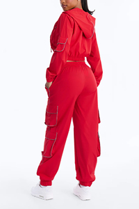 Women's Red Printed Rhinestone Tracksuit Full Length Cargo <b>Pants</b> Side Pockets Casual Croptop Jacket Autumn Waterproof Windproof - Product Image 4