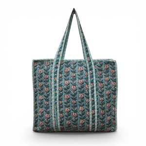 <b>Tote</b> <b>Bag</b> Quilted Cotton Striped Casual Eco-Friendly 250gsm <b>Medium</b> Teal Women Long Handle Boho Zipper Closure Extra Large Shops - Product Image 1