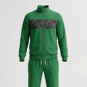 Chándal Verde para Hombre con Cierre Completo, Cuello Alto, Patrón Geométrico, Ropa Deportiva Informal de Poliéster para Otoño - Product Image 1