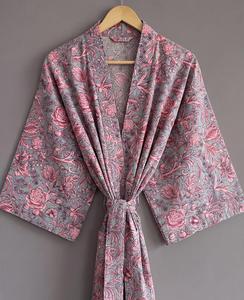 Floral Block Print Eco-Friendly Washable Cotton Long Sleeve A-Line Kimono <b>Dress</b> Handmade Indian Boho Casual <b>Dresses</b> - Product Image 2