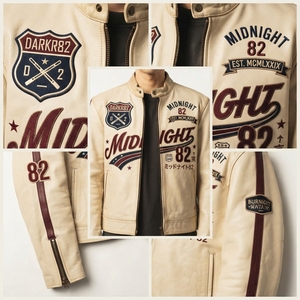 Chaqueta de cuero beige para hombre, estilo motero, con gráfico de carreras Midnight Tokyo, parche bordado, cuello alto, abrigo personalizado, ropa exterior Darkry - Product Image 6