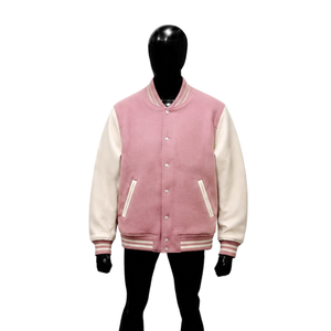 Chaqueta Varsity de Lana Rosa Claro Personalizada con Mangas en Contraste Blancas, Chaqueta Clásica de Béisbol para Hombre y Mujer, Venta al Por Mayor - Product Image 1