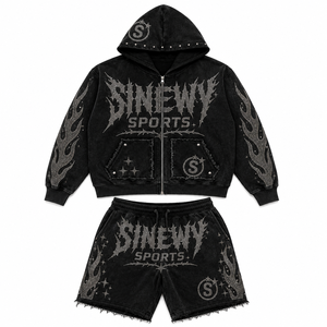 Custom Your Brand <b>Men's</b> Rhinestone Hoodie and Shorts Set Sun Faded Cropped Acid Washed Streetwear Tracksuit - Product Image 2