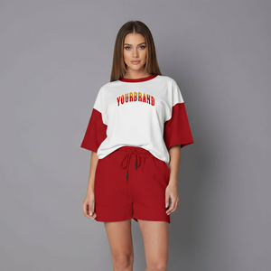 Conjunto de Dos Piezas para Mujer, 100% Algodón, Manga Corta, Dos Tonos, Logotipo Personalizado Serigrafiado, Hombros Caídos, Cómodo, OEM ODM - Product Image 1