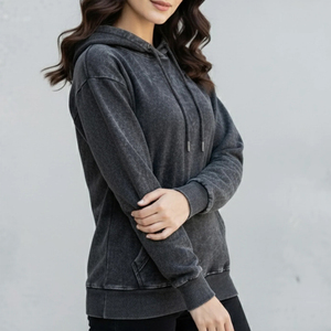 Sweat-shirt à capuche gris foncé pour femme, doublé, manches longues, couleur unie, tricoté, 100% coton, respirant, écologique, décontracté pour l'hiver - Product Image 3
