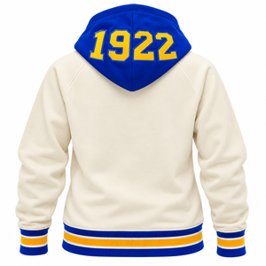 เสื้อฮู้ดดี้พรีพ ยูนิเซ็กส์ ปักลายตราสัญลักษณ์ 1922 แบบสวมหัว สีน้ำเงิน แต่งขอบสีทอง มีกระเป๋าจิงโจ้ สไตล์ลำลอง เสื้อผ้ากรีก - Product Image 4