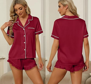 Ensemble de pyjama rose pour femmes, manches courtes, col rabattu, taille élastique, fermeture à boutons, vêtements de nuit décontractés, style été, spandex/coton - Product Image 2