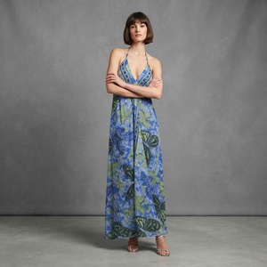 Boho Floral Print Halter <b>Maxi</b> <b>Dress</b> Women Sleeveless Empire Waist A-Line Summer Vacation <b>Chiffon</b> Gown - Product Image 1