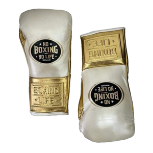 Găng tay đấm bốc No Boxing No Life, dùng để tập luyện và thi đấu, màu trắng/vàng, làm từ da bò. - Product Image 1