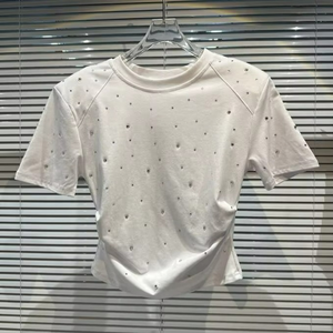 Camisetas elegantes para mujer con adornos de diamantes de imitación, diseño brillante y moderno con logotipo de cristal, tops para fiestas. - Product Image 3