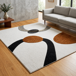 Hand Tufted Woven Wool Area Rug-Modern Abstract Geometric Design <b>Cream</b> Base Brown Black Curved Pattern Washable Luxury Living - Product Image 6