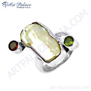 Bague en argent Art Palace pour femme, design géométrique hindou, ornée de perles blanches fantastiques, de grenats et de péridot de qualité AA - Product Image 2