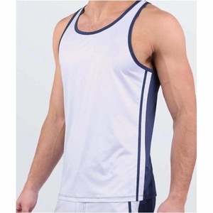 Débardeur sport blanc pour homme avec bordure marine, séchage rapide, tricoté, col rond, sans manches, pour entraînement, fitness et gym - Product Image 5