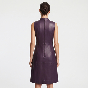 Robe en cuir pour femme à col montant et boutons sur le devant, robe en cuir sans manches avec fermeture éclair au dos, robe en cuir de qualité supérieure pour femme, robe de mode en cuir - Product Image 2