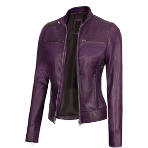 Blouson moto en cuir d'agneau violet pour femme, col montant, fermeture éclair, manches longues, couleur unie, respirant - Product Image 4