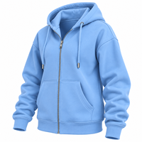 Sweat à capuche zippé de qualité supérieure bleu clair pour femme, en polaire, avec cordon de serrage, poche kangourou et épaules tombantes