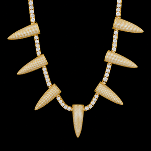 Yellow Gold Plated Spike Moissanite <b>Statement</b> <b>Necklace</b> Round Brilliant Cut Micro Insert Hip Hop Style Unisex Link Tennis Chain - Product Image 3