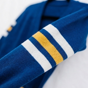 Custom OEM ODM Women Knitted Sorority Varsity <b>Cardigan</b> <b>Sweater</b> Anti-Wrinkle Royal Blue White Gold Striped Sleeves Button - Product Image 3