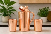 Juego de Jarra de Agua de Cobre Forjado a Mano - Tapa Push-Pull Antiderrames, Diseño Delgado de Lujo, Unisex, Regalo de Boda, Uso Doméstico, Personalizable, Estilo Antiguo
