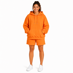 Women's White Hooded Sweatshirt Shorts <b>Set</b> Cotton Fleece Anti-Shrink 240g Casual Loose Fit Drawstring Pocket Spring Summer Wear - Product Image 1