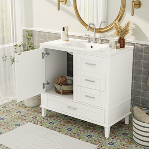 36-Inch Modern White Bathroom Vanity Storage <b>Cabinet</b> Solid <b>Pine</b> Frame with 1 Soft-Close Door and 3 Drawers Series W - Product Image 3