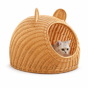 Respetuoso con el medio ambiente, tejido a mano, patrón de rayas, ratán, casa de gato, puerta, camas para mascotas, accesorios para animales pequeños - Product Image 1