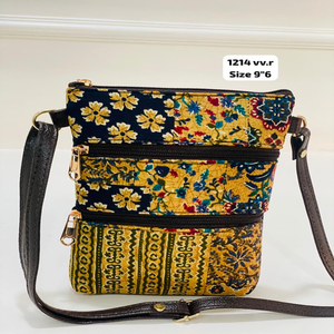 Bolso Bandolera Vertical de Patchwork Floral Color Índigo Mostaza, con Doble Cremallera, Suave, Duradero y Ligero, para Mujer - Product Image 1