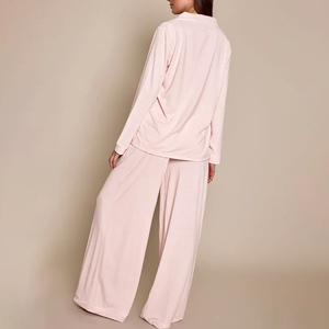 Women's Black Long Sleeve Pajama Set Knitted Satin Button Front Classic Sleepwear Full Length Loose Fit Two Piece Autumn Wear - Product Image 4