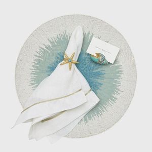 Exquisite Hand-Beaded <b>Round</b> Placemat Teal and <b>White</b> Gradient Starburst Design Premium Quality <b>Table</b> Protector for Fine Dining - Product Image 2