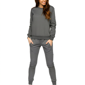 Ensemble de survêtement gris uni pour femme, sweat-shirt à col rond à manches longues avec poches latérales, pantalon de jogging à taille élastique, vêtements décontractés - Product Image 2