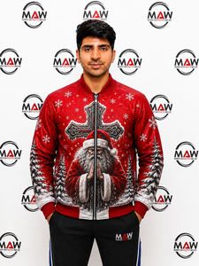 Blouson bomber rouge pour homme MAW, imprimé Père Noël, fermeture éclair, veste d'hiver décontractée, matière PU, impression par sublimation - Product Image 1