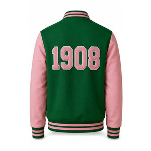 Chaqueta Varsity Alpha Aka a Bajo Precio, Color Verde y Rosa, Logotipo Bordado, Cierre de Botones 1908, Estilo Preppy, Unisex - Product Image 3
