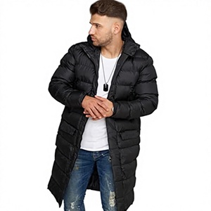 Manteau long à capuche pour homme, noir, décontracté, en polyester, avec poches, logo sur le devant, fermeture éclair, parka - Product Image 1