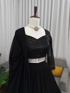 ชุดเลเฮนกา โจลี ดูปัตตา ผ้าจอร์เจตต์สีดำ ปักเลื่อม สำหรับงานแต่งงานและงานปาร์ตี้ สำหรับผู้หญิง - Product Image 2