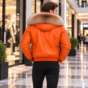 <b>Men's</b> Leather <b>Bomber</b> <b>Jacket</b> with Fur Hood | Giacca <b>Bomber</b> Uomo | Chaqueta Hombre | Blouson Homme | Herren Luxus Lederjacke - Product Image 3