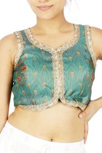 Haut court vert traditionnel en brocart floral, sans manches, brodé, avec logo frontal, pour femme, idéal pour les fêtes et mariages - Product Image 3