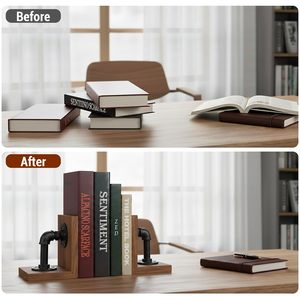 Industrial Pipe <b>Bookends</b> Rustic Solid Wood Heavy Duty Metal Pipe Book Ends Vintage Farmhouse Bookshelf Organizer Decorative Book - Product Image 3