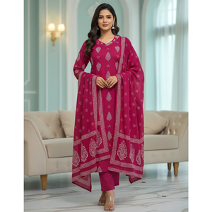 Ensemble trois pièces traditionnel pour femmes, en coton Dhabu imprimé, fait main, lavable, export en gros - Product Image 1