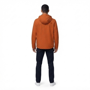 Men's Orange Hooded <b>Fleece</b> Jacket with Zipper Closure and Chest Pocket Casual Autumn Windproof 100% Polyester - Product Image 2