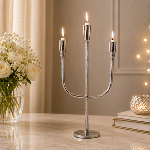 Modern Silver Triple Candle Holder Elegant Metal <b>Candelabra</b> Centerpiece for Wedding Dining and Luxury Decor - Product Image 1