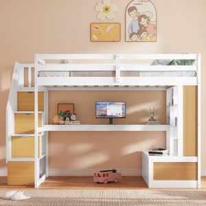 Full Size White and Natural Loft Bed with Desk Shelves Two Built-in Drawers Storage Staircase-Bedroom Furniture - Product Image 6