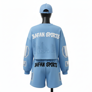 ชุดเซ็ตเสื้อสเวตเชิ้ตผ้าฝ้าย 100% กางเกงขาสั้นสำหรับผู้หญิง ผ้าฝ้ายพรีเมียมผสมโพลีเอสเตอร์เนื้อนุ่ม สีฟ้า แต่งลายปัก พิมพ์ลาย พร้อมปักโลโก้ตามสั่ง ชุดเซ็ตสำหรับผู้หญิง - Product Image 2