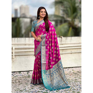 Sari en soie douce violette Elite Weaves, tissé en zari, ikkat patola, avec des tissages contrastés, robes de soirée élégantes, 600g - Product Image 1