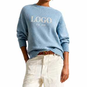 Pull en coton surdimensionné personnalisé pour femme, motif ours, tricot intarsia épais, col rond brodé, logo frontal, OEM - Product Image 1