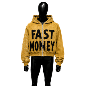 เสื้อฮู้ดพิมพ์ลาย Fast Money ผู้ชาย ไซส์ใหญ่ ซิปหน้า สตรีทแวร์ สีเหลือง ผ้าฝ้ายเฟรนช์เทอร์รี่ สไตล์ฤดูใบไม้ร่วง แขนเสื้อประดับเพชร - Product Image 1