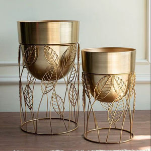 Support de pot de plante décoratif en fer doré, support de plante d'intérieur en fer doré avec motif de feuilles, support de plante décoratif moderne en fer doré - Product Image 1