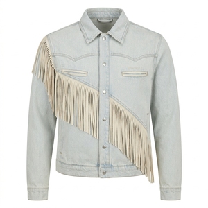 Veste en jean délavé personnalisée avec franges en daim et pompons, style western, fabricant OEM ODM, manteau unisexe sur mesure pour camionneur - Product Image 1