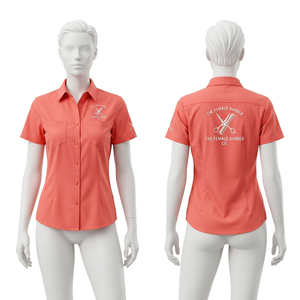 เสื้อช่างตัดผมหญิง ผ้าโพลีคอตตอน 180 GSM สีพีช แขนสั้น กระเป๋าคู่ ปักโลโก้ตามสั่ง ชุดทำงาน - Product Image 4