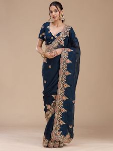 Indian Ethnic Beautiful and Elegant Saree with Embroidery Work for Partywear and <b>Wedding</b> Occasion for Women Fancy Trendy Outfit - Product Image 1