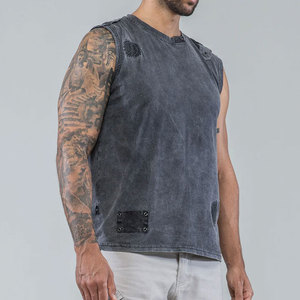 Washed Design Men's Distressed Custom Color Tank Top High Street Fashionable Blank Cropped Design Slim Fit Acid Washed Top - Product Image 2